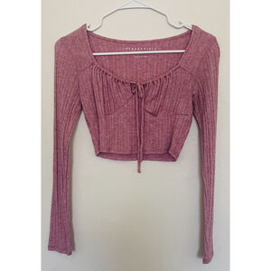 Aeropostale Top Womens Small Pink Cropped Rib Knit Tie Front Boho Dainty Blouse